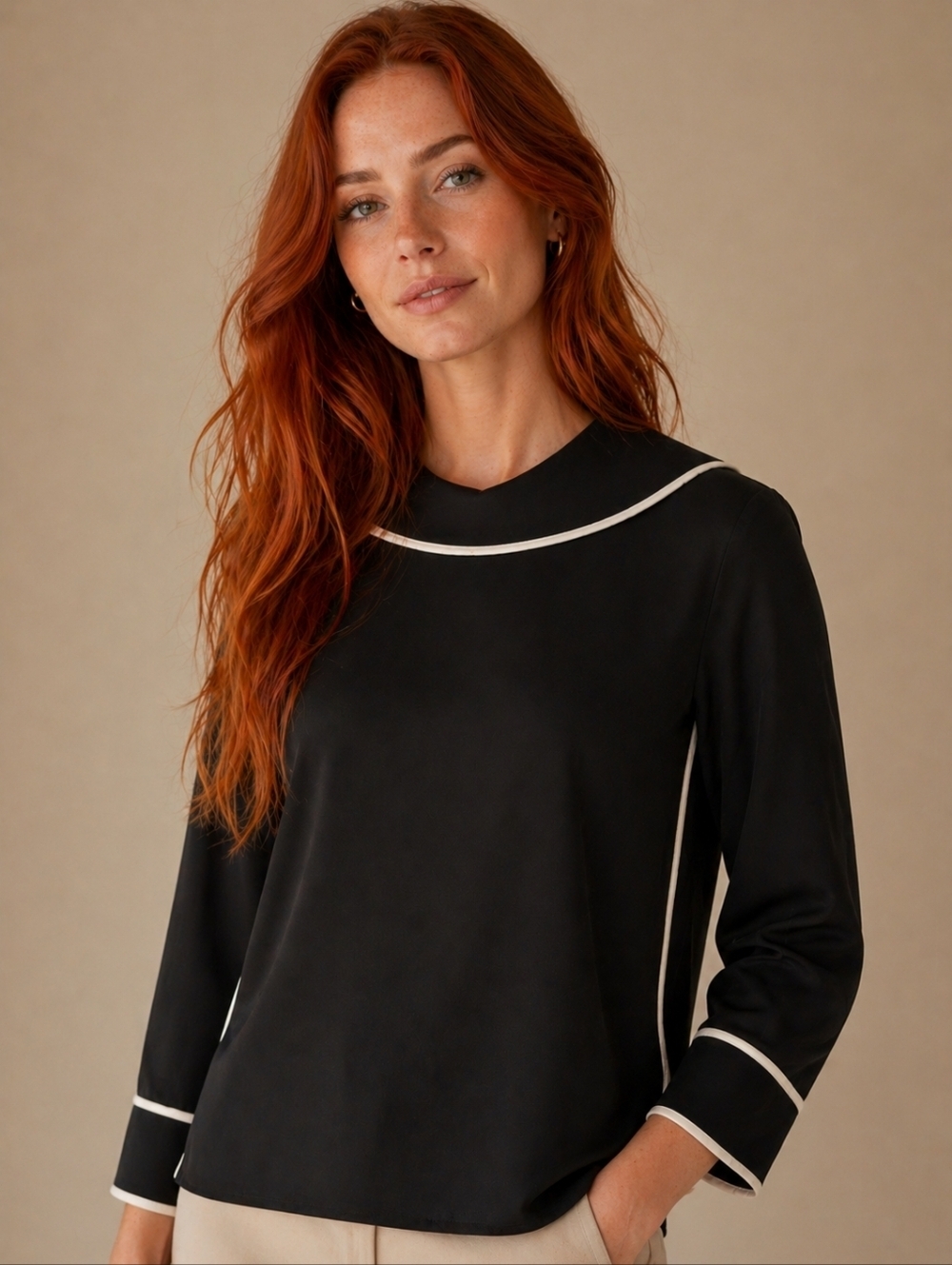 BLACK BLOUSE WITH WHITE PIPING MINIMALIST CHIC SIZE XS